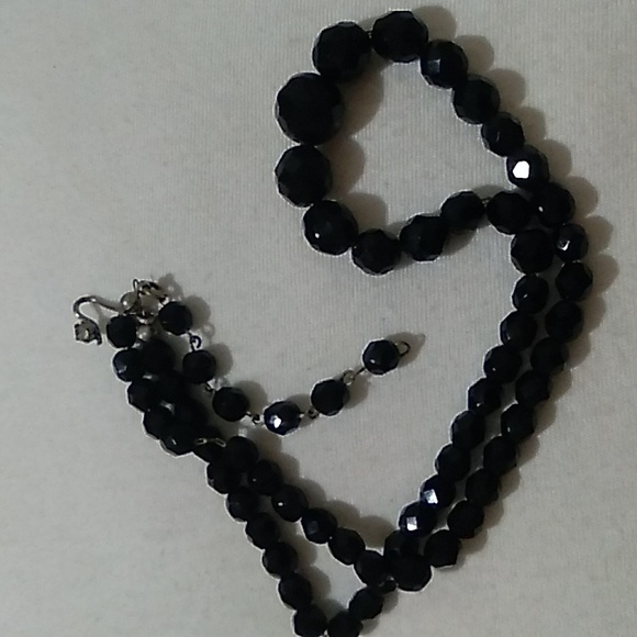Jewelry - Antique black glass bead necklace with diamond clasp
